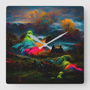 Neon Ghosts in a Haunted Fantasy Landscape Square Wall Clock