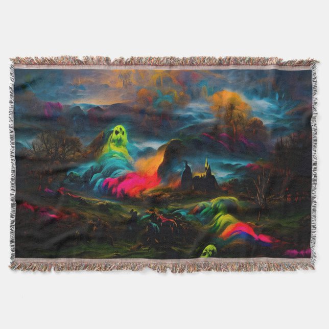 Neon Ghosts in a Haunted Fantasy Landscape Throw Blanket (Front)