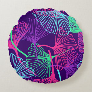 Neon Gingko Leaves: Bright Floral. Round Cushion