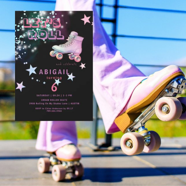 Neon Girl Let's Roll Skating Birthday Party Invitation (Creator Uploaded)