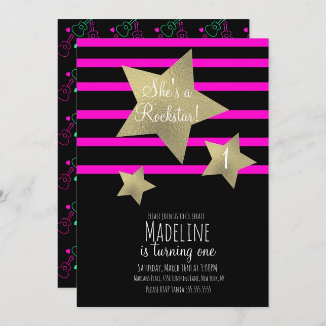 Neon Girl Rockstar Guitar Faux Gold Star Birthday Invitation (Front/Back)