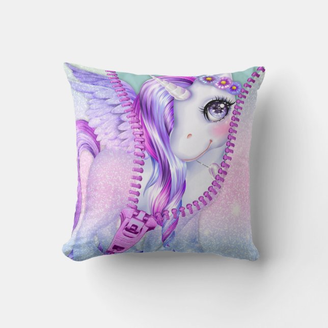 Neon Glam Purple Pastel Unicorn Peek-A-Boo Zipper Cushion (Front)