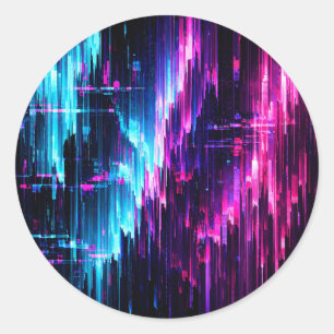 Neon Glitch Data Stream Abstract Classic Round Sticker