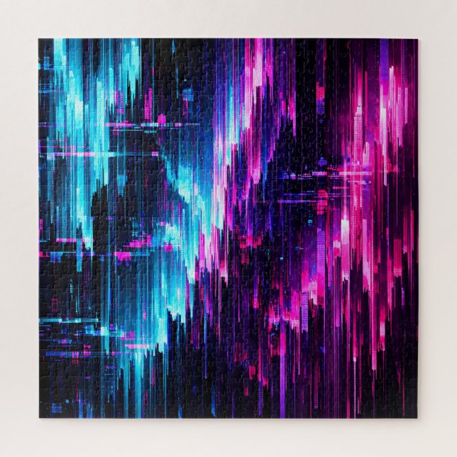 Neon Glitch Data Stream Abstract Jigsaw Puzzle (Vertical)