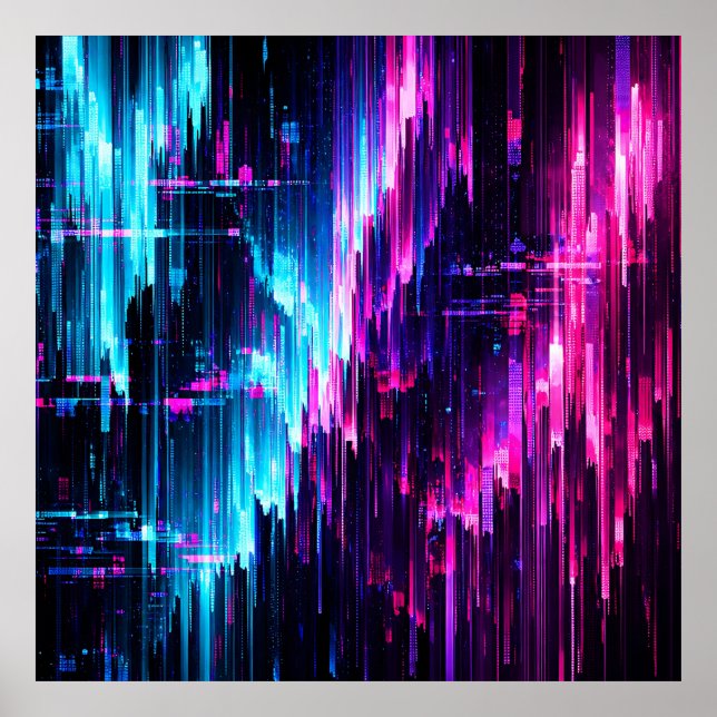 Neon Glitch Data Stream Abstract Poster (Front)