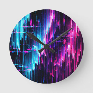 Neon Glitch Data Stream Abstract Round Clock