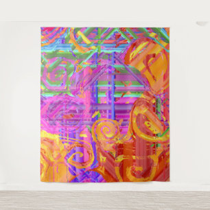 Neon Glitch Plaid Abstract Cyberpunk Collage Art Tapestry