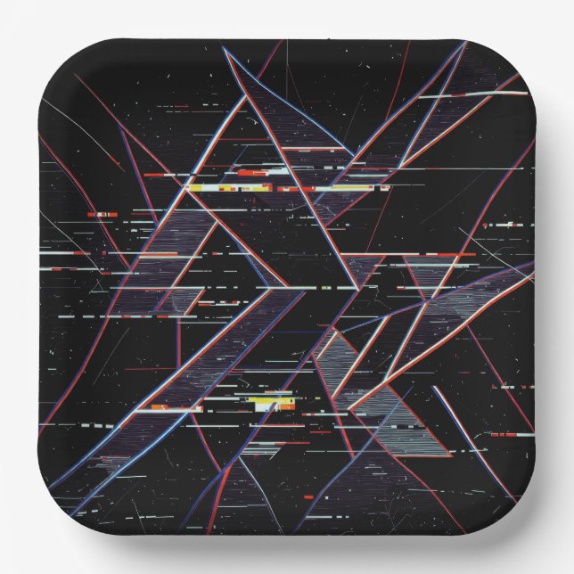  Neon Glitchcore Geometric Shapes on Black Paper Plate (Front)