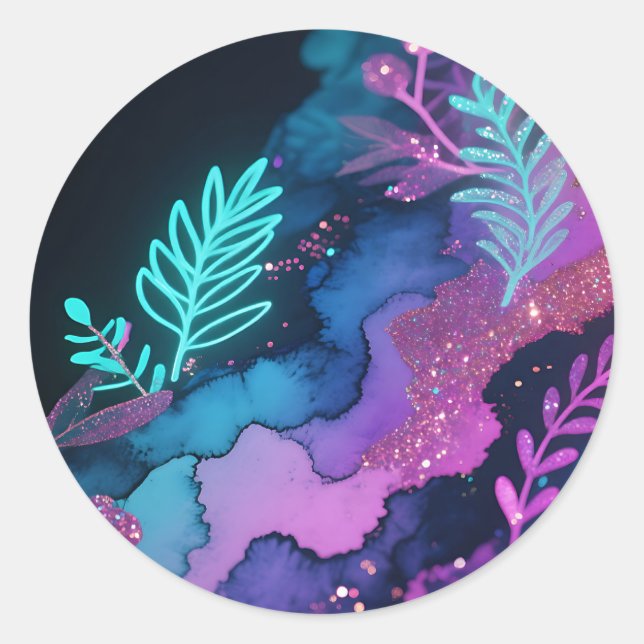 Neon Glitter Botanical Abstract Classic Round Sticker (Front)