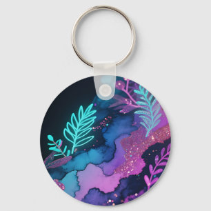 Neon Glitter Botanical Abstract Key Ring