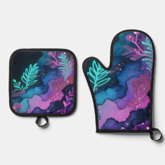 Neon Glitter Botanical Abstract Oven Mitt & Pot Holder Set