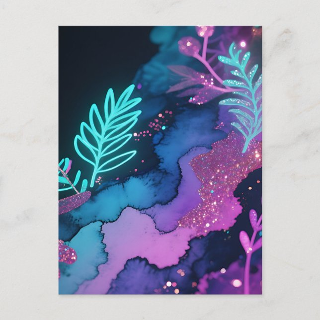 Neon Glitter Botanical Abstract Postcard (Front)