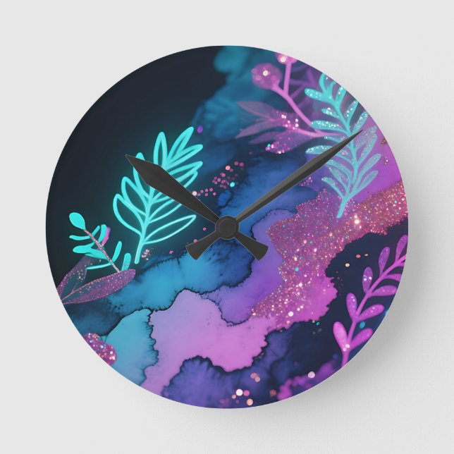 Neon Glitter Botanical Abstract Round Clock (Front)
