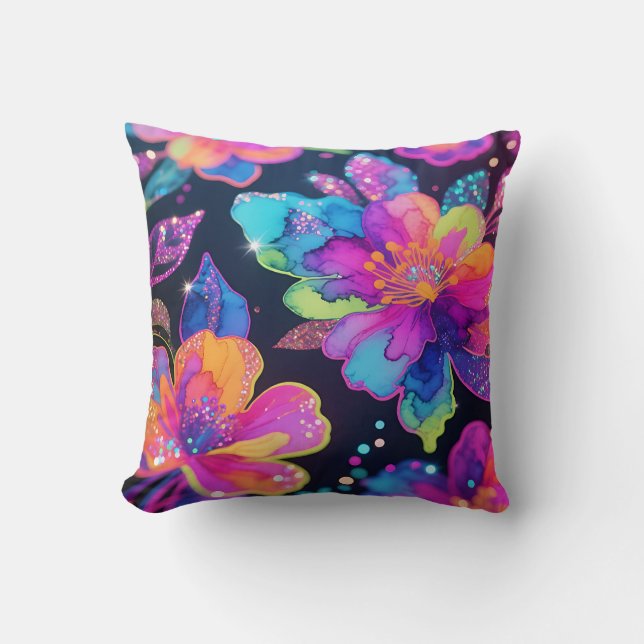 Neon Glitter Floral Pattern Cushion (Front)