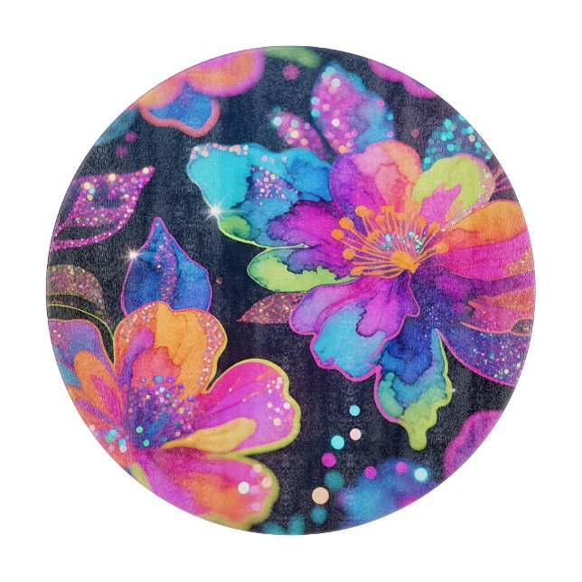 Neon Glitter Floral Pattern Cutting Board (Front)