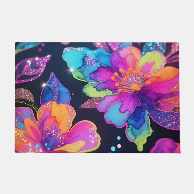 Neon Glitter Floral Pattern Doormat (Front)
