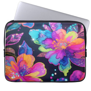 Neon Glitter Floral Pattern Laptop Sleeve