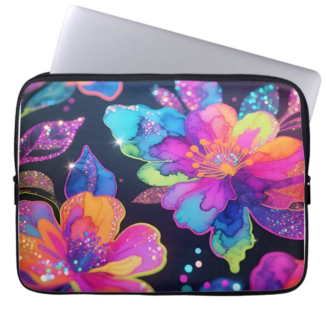 Neon Glitter Floral Pattern Laptop Sleeve (Front)