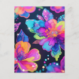 Neon Glitter Floral Pattern Postcard