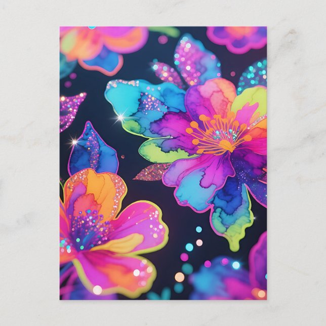 Neon Glitter Floral Pattern Postcard (Front)