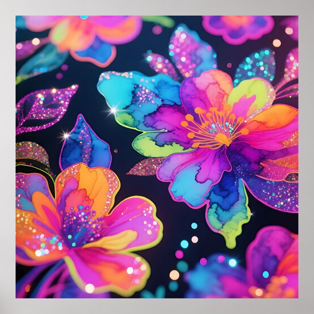 Neon Glitter Floral Pattern Poster (Front)