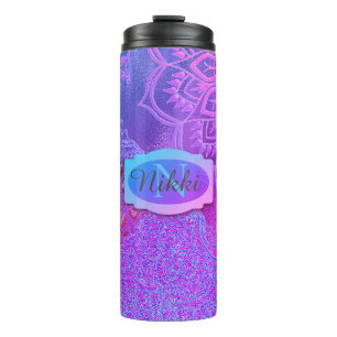 Neon Glittery Lotus Leopard Pink Purple Monogram Thermal Tumbler