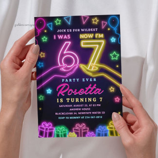 Neon Glow 7th Birthday | I Was 6 Now I Am 7 Viral Invitation