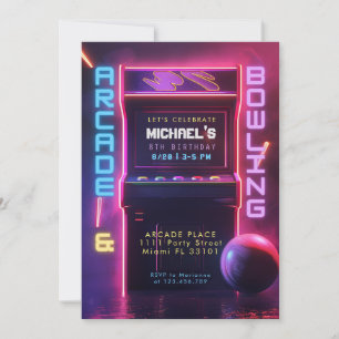 Neon Glow Arcade And Bowling Birthday Party Invitation