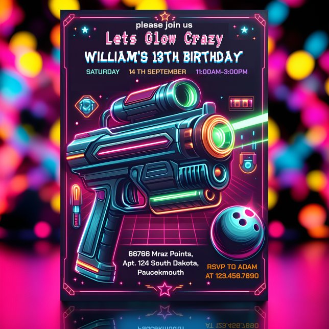 neon Glow arcade gun Laser Tag 13th Birthday Invitation (Creator Uploaded)