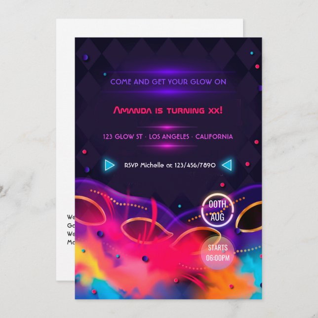 Neon Glow Birthday Party Invitation (Front/Back)