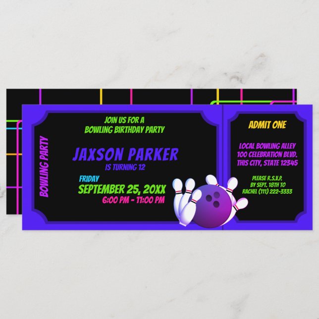 Neon Glow Bowling Party Birthday Ticket Invitation (Front/Back)
