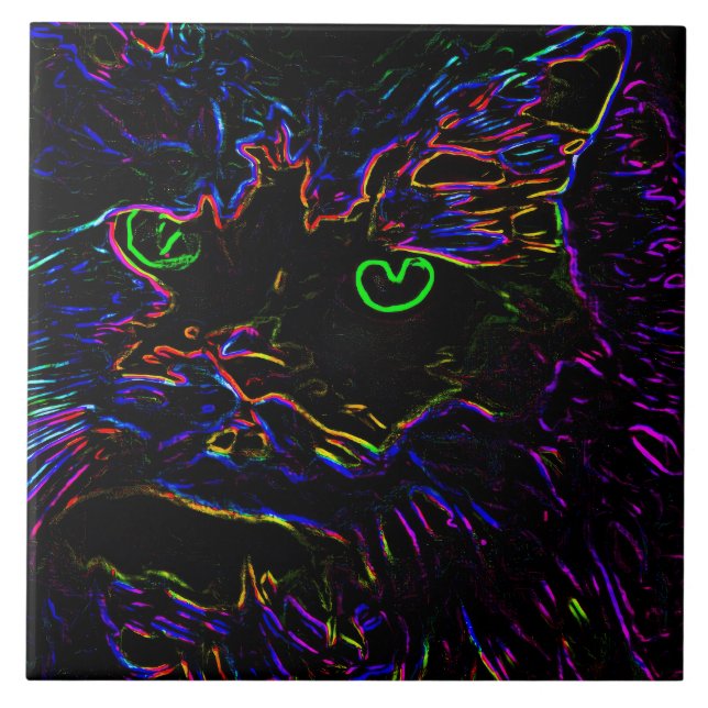 Neon Glow Cat Ceramic Tile (Front)