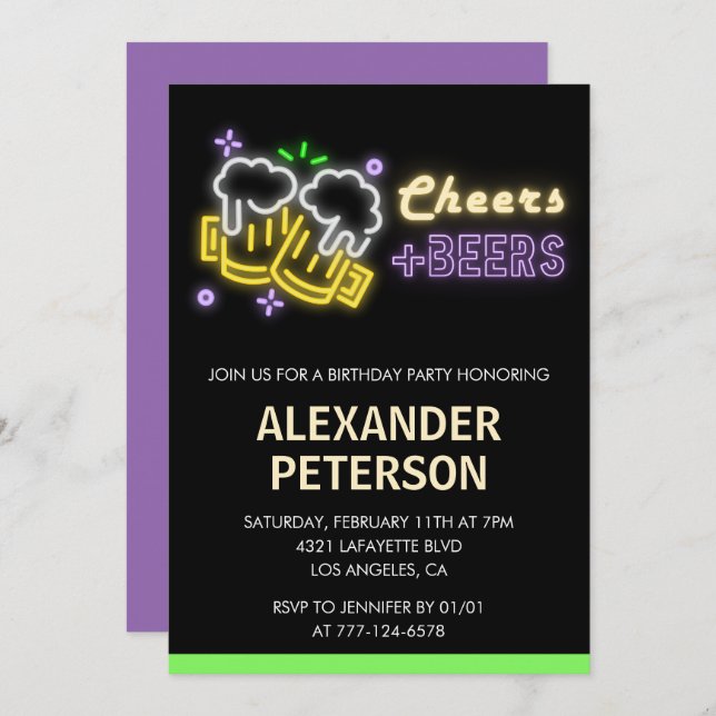 Neon Glow Cheers Beer Men 61st birthday Invitation (Front/Back)