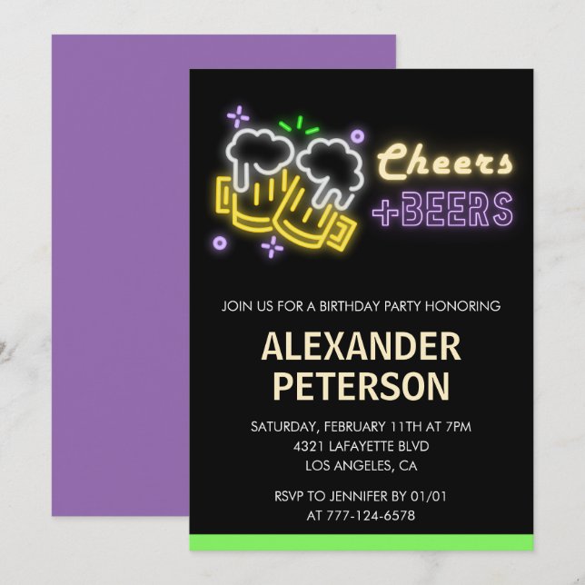 Neon Glow Cheers Beer Men 68th birthday Invitation (Front/Back)
