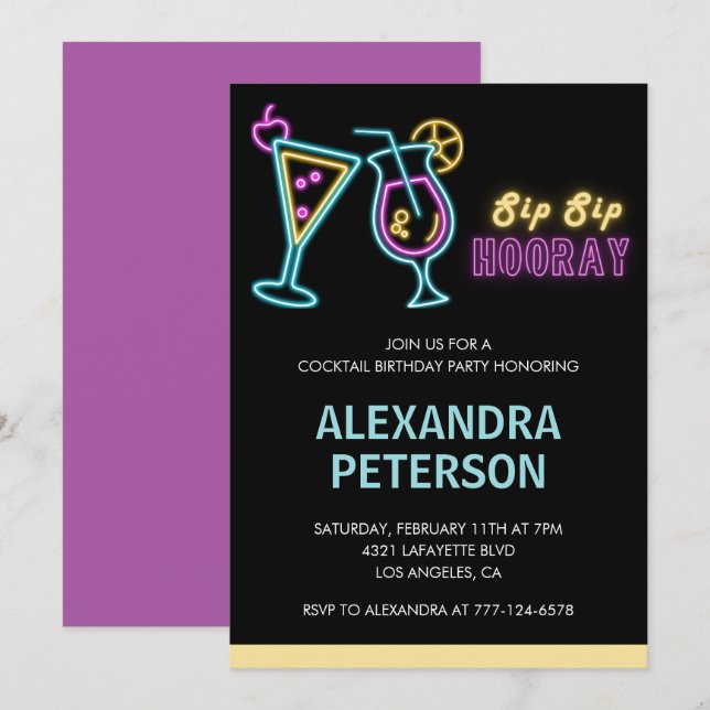 Neon Glow Cocktail 56th birthday Invitation (Front/Back)