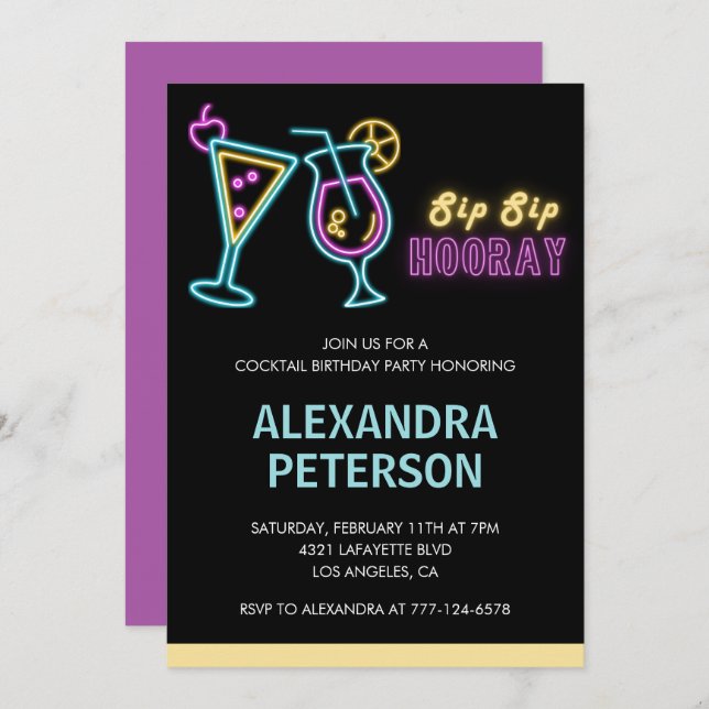Neon Glow Cocktail 59th birthday Invitation (Front/Back)