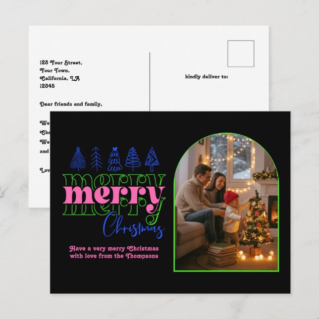 Neon Glow Cosy Arch Photo Merry Christmas Holiday Postcard (Front/Back)