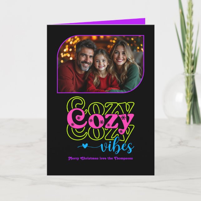 Neon Glow Cosy Vibes Retro Christmas Photo Holiday Card (Front)