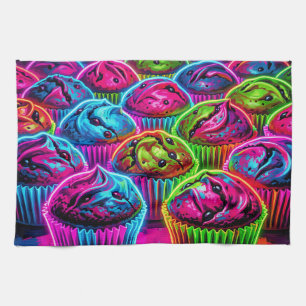 Neon Glow Cupcakes Pattern Tea Towel