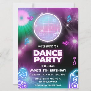 Neon Glow Dance Party Birthday Invitation