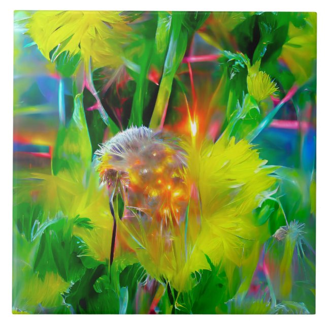 Neon Glow Dandelions in Dream Garden Ceramic Tile (Front)