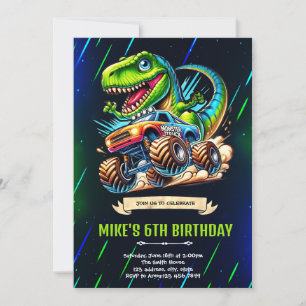Neon glow dinosaur birthday party invitation