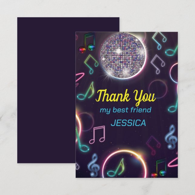 Neon Glow Disco Dance Birthday Party Thank You Card (Front/Back)