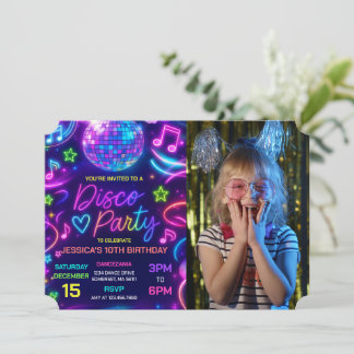 Neon Glow Disco Dance Party Birthday Photo Invitation