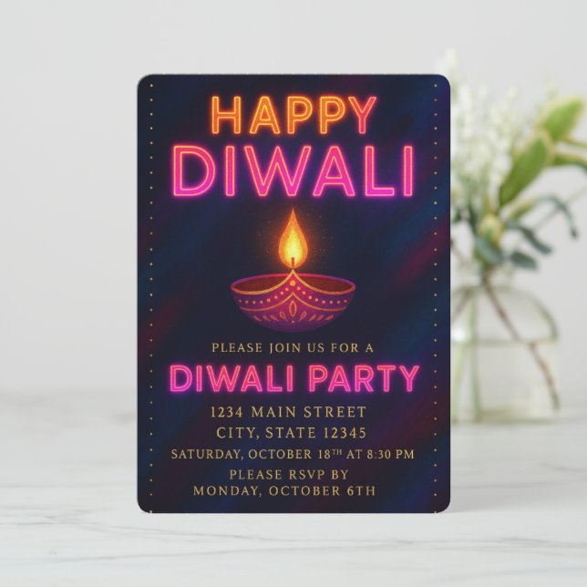 Neon Glow Diya with Script Happy Diwali Party Invitation (Standing Front)