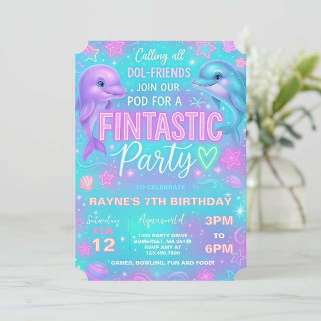 Neon Glow Dolphin Birthday Party Invitation (Standing Front)