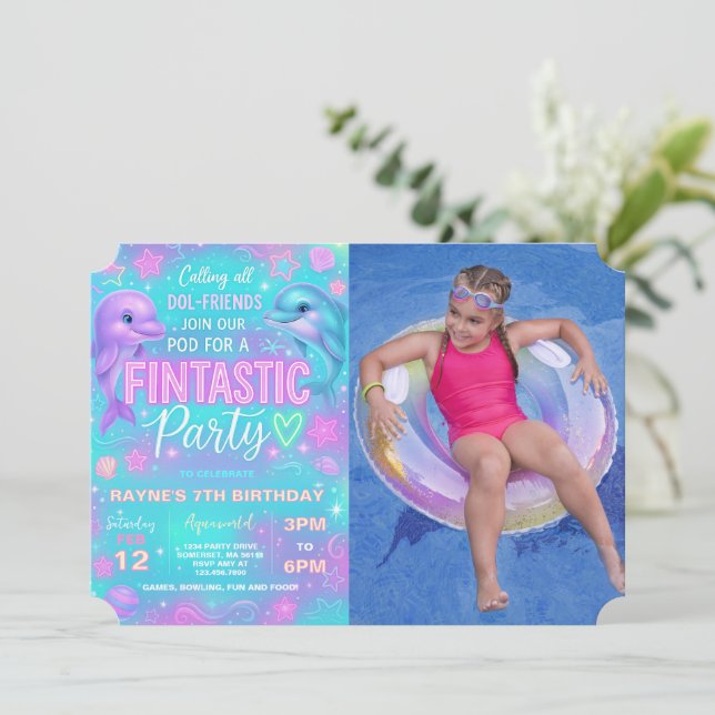 Neon Glow Dolphin Birthday Party Photo Invitation (Standing Front)
