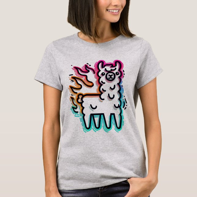 Neon Glow Flame Llama T-Shirt (Front)