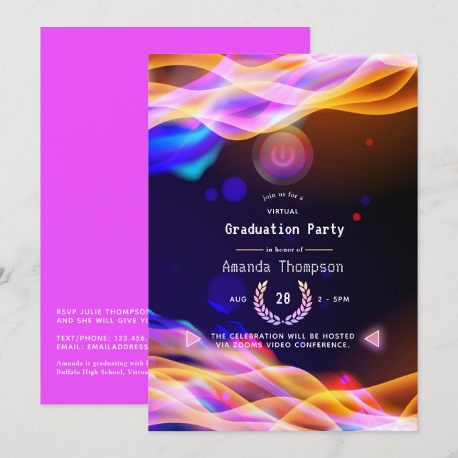 Neon Glow Flames Virtual Graduation Party Invitation (Front/Back)