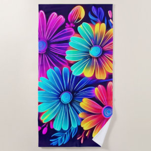 Neon Glow Floral Fantasy Art Beach Towel